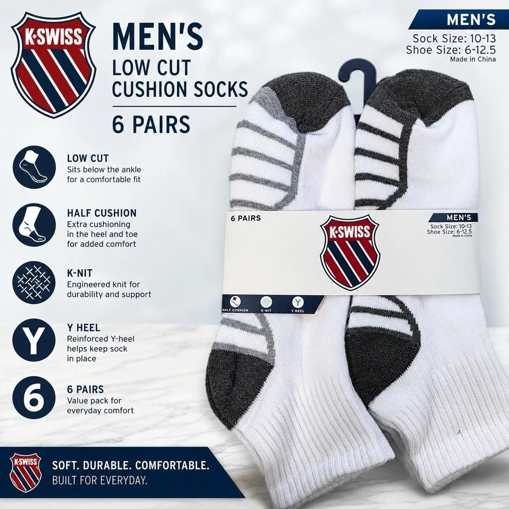 K-Swiss Mens Low Cut Cushion Socks 6 Pairs White Grey Athletic Size 10-13 New
